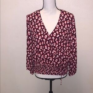 Candies Burgundy Floral V-neck Elastic Bottom Wrap Blouse Large
